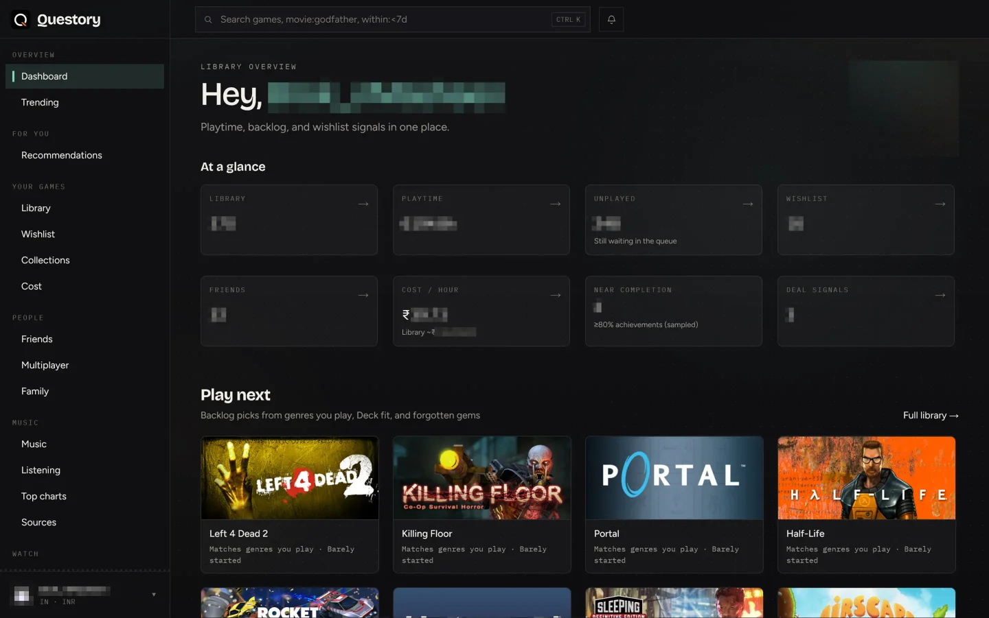 Questory dashboard showing playtime, backlog, play-next picks and deal signals
